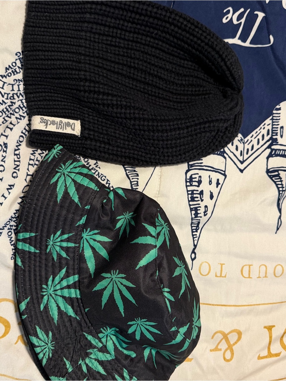 Black Bucket Hat with Green Leaf Print